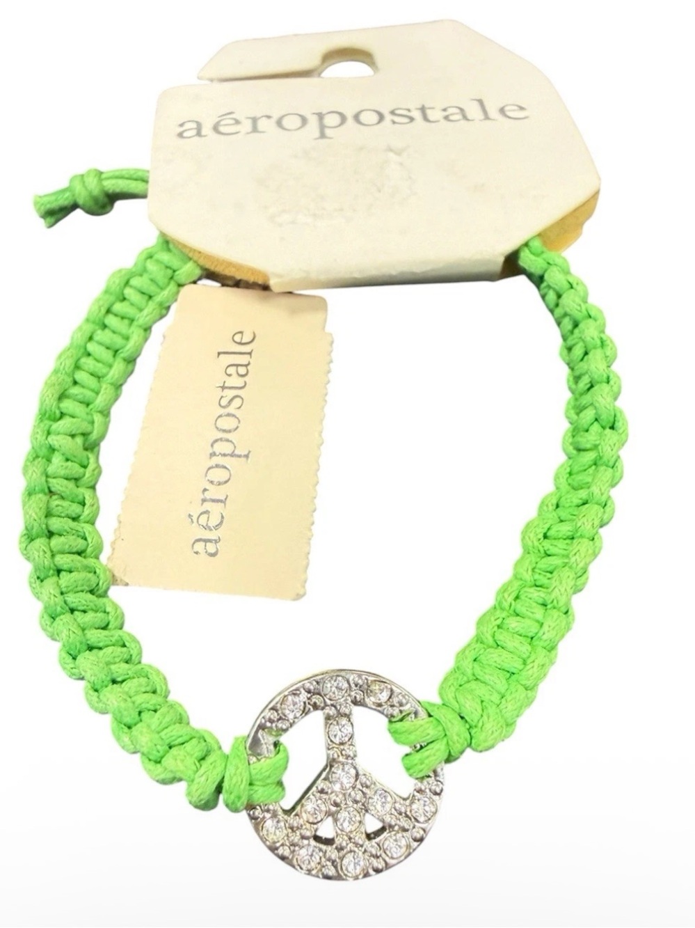 Green Aeropostale Rhinestone Crystal Peace Sign Macrame Cord Bracelet One Size